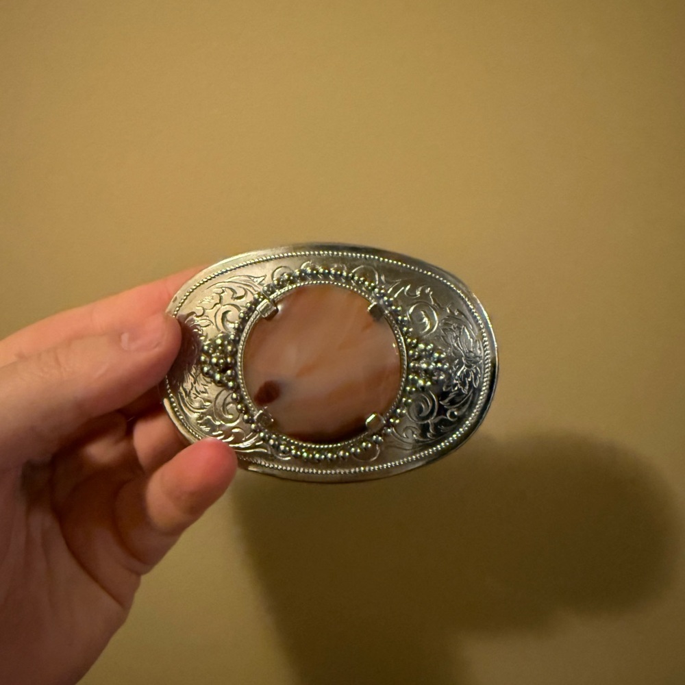 Vintage Western Silver and Brown Stone Belt Buckle